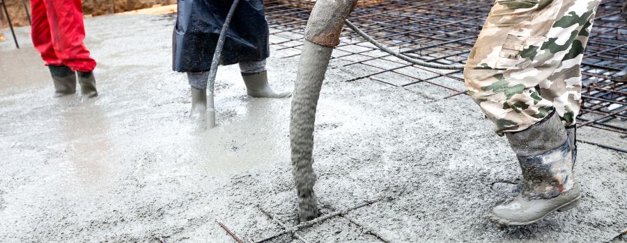 Construction workers pouring wet concrete using concrete bucket