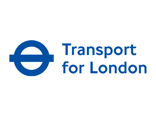 Transport for London logo with a blue circle, red line, and blue text on a black background. We at Save Time Concrete, a concrete supplier, provided concrete delivery to Transport for London.