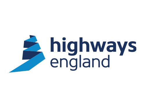 Highways England logo with a blue sail graphic and blue text on a black background. We at Save Time Concrete, a concrete supplier, provided concrete delivery to Highways England.