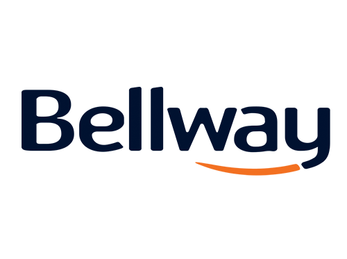 Bellway logo with 'Bellway' in blue and an orange swoosh on a black background. We at Save Time Concrete, a concrete supplier, provided concrete delivery to Bellway.