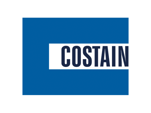 Costain logo with 'COSTAIN' in dark blue on a blue background with a black strip. We at Save Time Concrete, a concrete supplier, provided concrete delivery to Costain.